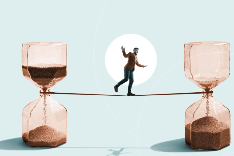 A man balancing on a tightrope stretched between two hourglasses, symbolizing the delicate balance of time in clinical research.